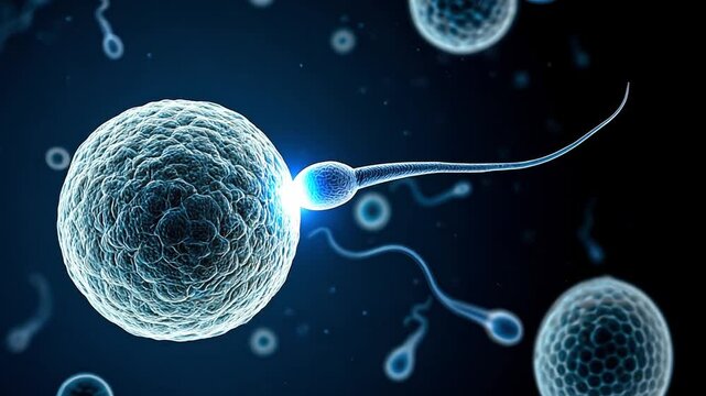 The intricate moment of sperm approaching the egg is depicted, highlighting the process of fertilization. This event occurs in a biological context, illustrating cellular interaction