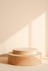 Minimalist product display, cylindrical wooden box, square wooden base, soft natural lighting, beige textured backdrop, subtle shadows, clean aesthetic