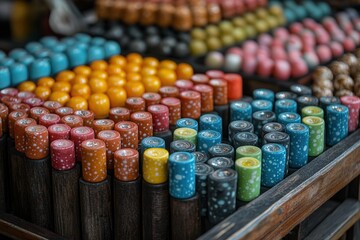 Colorful array of polka-dotted candles, arranged in neat rows, creating a vibrant and lively display at a market.