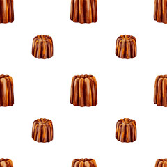 French dessert illustration featuring canelé and cake, seamless pattern with watercolor art and rum flavor.