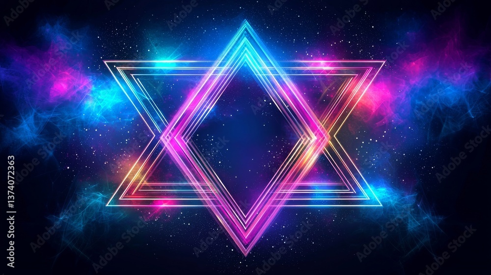 Poster digital art background featuring iridescent geometric shapes forming an abstract colorful pattern wi