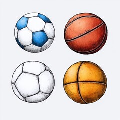 Obraz premium Detailed illustration of four sports balls soccer ball, basketball, and two variations of a soccer ball, rendered in a textured, hand drawn style against a light grey background.