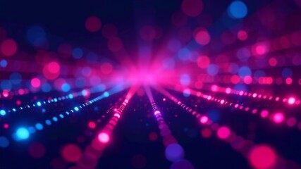 Obraz premium Glowing pink and blue particles forming wave pattern on dark background.