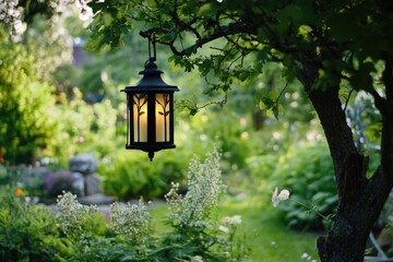 A lantern gracefully suspended in a beautiful garden in Sweden.