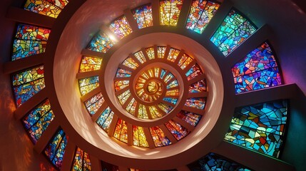 A radiant spiral staircase rises into a kaleidoscope of vibrant visionary hues