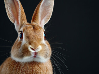 close up of rabbit face showcasing its soft fur, large eyes, and prominent ears, evoking sense of curiosity and warmth
