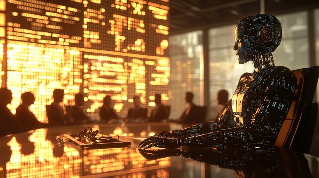 A massive holographic screen showing scrolling text of laws binds a humanoid AI robot, which stands before a futuristic jury composed of anonymous faceless figures, all rendered in 3D with a