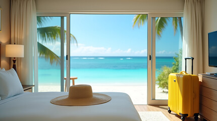 Obraz premium Luxury Seaside Hotel Room with Stunning Ocean View and Relaxing Tropical Ambiance