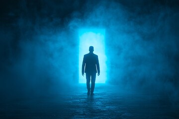 A farsighted individual crosses the threshold of a dazzling, globular doorway, transitioning into a realm of brilliance and promise, all unfolding against the dramatic, crepuscular landscape