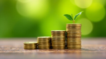 Stacked coins increasing in height with plant growing on top of tallest pile.