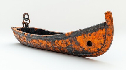 Rusty boat model, isolated on white background, antique style