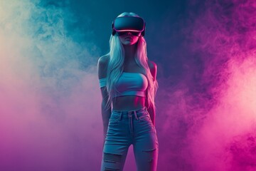Obraz premium A fashionable woman is dressed in metaverse clothing and wears a futuristic visor