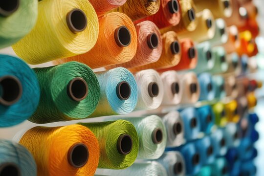 Vibrant spools of thread organized in an array of colorful hues on a rack, creating an artistic display of textile materials.