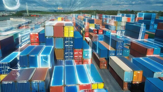 3D Graphics Over Shipping Containers in a Terminal. A Futuristic Animation Highlights the Seamless Online Connection of Each Unit to the Logistics Hub.