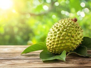 Fresh Durian Fruit on Wooden Table with Green Background and Sunlight