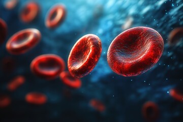Close-up of red blood cells flowing through a blue-toned liquid background, highlighting their smooth, round shape.