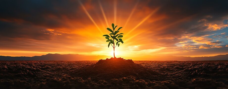 hand holdig big tree growing A lone tree stands resilient against a stunning sunset, symbolizing hope and persistence in a harsh environment.