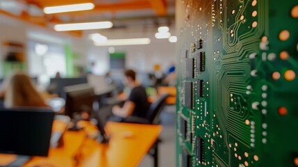 Students in a futuristic tech classroom learn advanced digital concepts on a chalkboard featuring binary code circuits