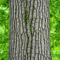 Fototapeta premium Close up view of tree bark texture, gray and brown tones, with small green vines growing vertically in a V shape. Lush green foliage forms a blurred background.