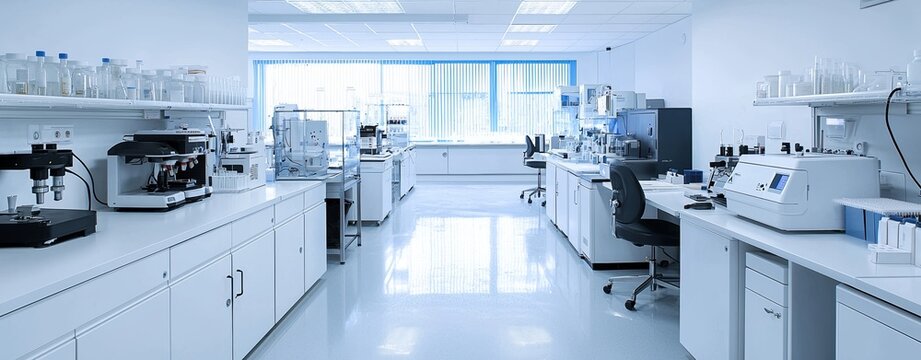 Interior of a futuristic laboratory featuring sleek designs and advanced equipment for research and quality control purposes