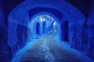 Obraz premium Enchanting blue alleyway with arches in a mystical, quiet setting under soft light.