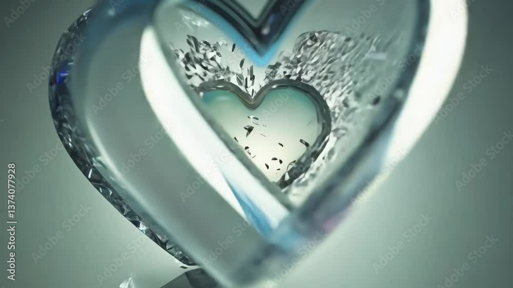 Poster a heart made of shattered glass. the heart is surrounded by shards of glass. the heart is in the cen
