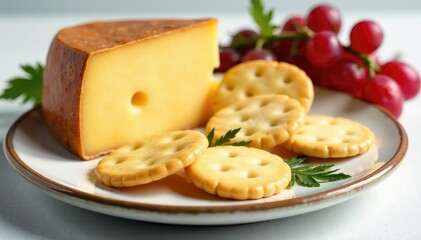 Artisanal cheese, crackers, grapes on pristine white , texture, tabletop
