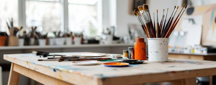 A vibrant artist's workspace featuring paintbrushes, paint jars, and an easel, creating a colorful and inspiring atmosphere for creativity. - Powered by Adobe