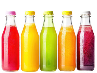 Isolated lineup of vibrant juice bottles