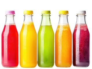 Isolated lineup of vibrant juice bottles