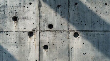 Detailed View of Weathered and Cracked Concrete Wall with Holes - Abstract Background Image