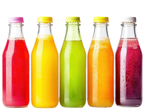 Isolated lineup of vibrant juice bottles