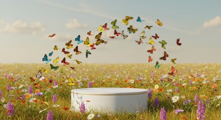 Obraz premium Product display podium amid a vibrant meadow with whimsical butterflies fluttering above