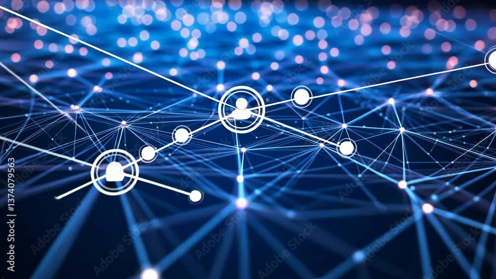 Poster digital network connection with glowing nodes and lines on a blue background illustrating data flow 