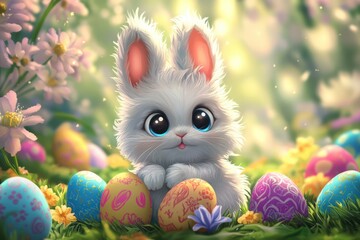 A bright and cheerful Easter background featuring a cute, fluffy rabbit sitting among vibrant, colorful Easter eggs. The scene is set in a lush, green meadow with soft spring flowers blooming around. 