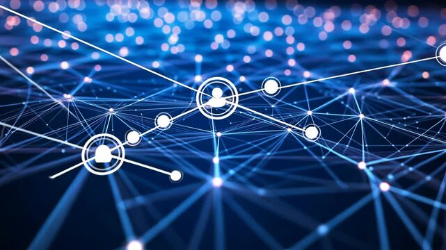 Digital network connection with glowing nodes and lines on a blue background illustrating data flow and technology