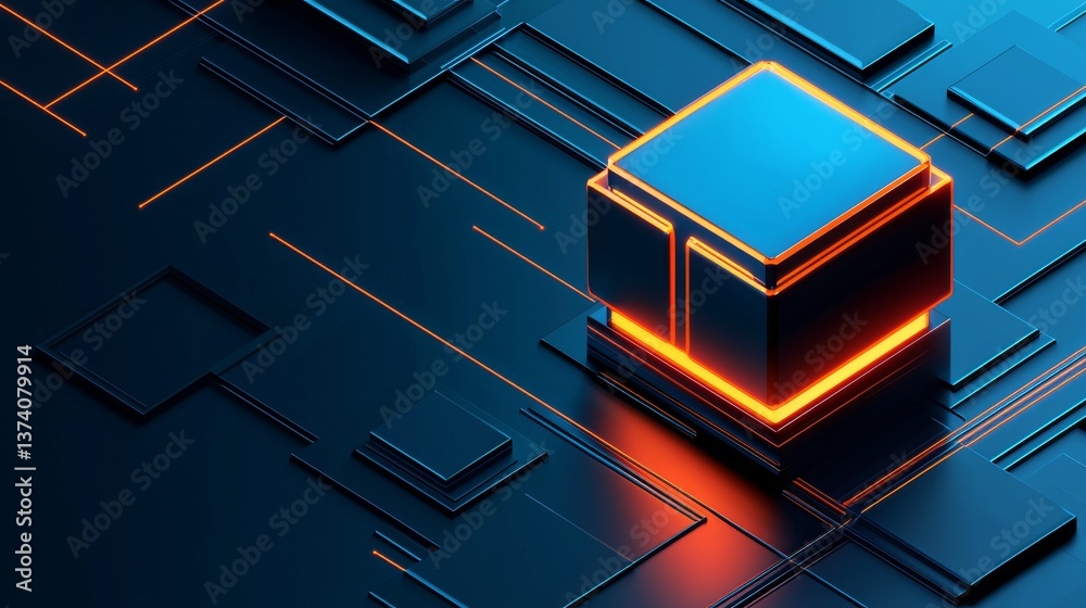 Wall mural in a minimalist 3d rendering, the neon glow cube is shown with an abstract and futuristic style, fea
