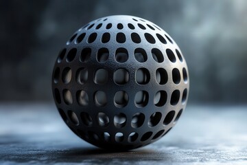 Intricate metallic sphere with perforated design on a textured background.
