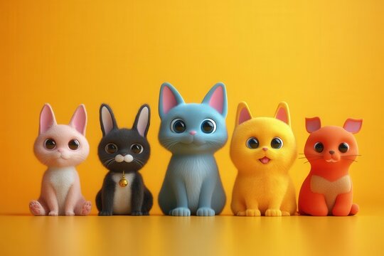 Adorable cartoon animals in a colorful lineup against a vibrant orange background.