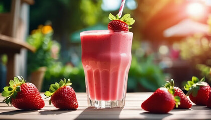 Strawberry smoothie in a glass in the garden. Close up. 