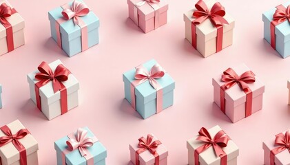 Fototapeta premium Elegant repeating gift box pattern, pastel hues, bow, seamless