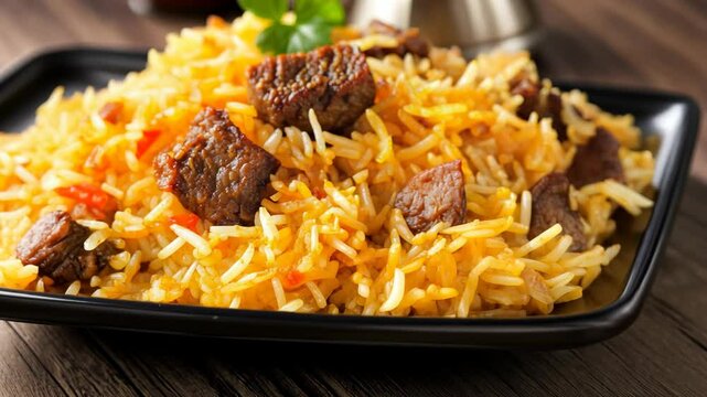 Delicious beef biryani served in a black bowl on a wooden table near traditional condiments