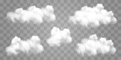White vector realistic cloud set. Vector weather element on png background. Cloud texture, nature sky or foggy nature illustration isolated on transparent background.