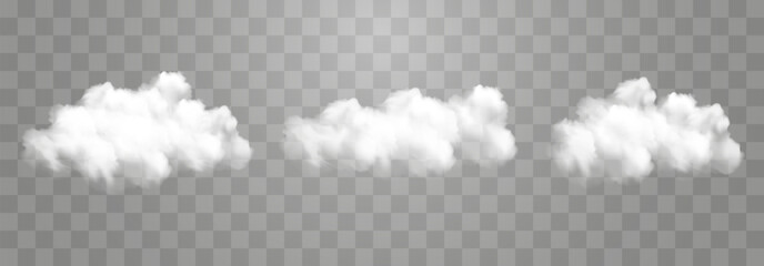 White vector realistic cloud set. Vector weather element on png background. Cloud texture, nature sky or foggy nature illustration isolated on transparent background.