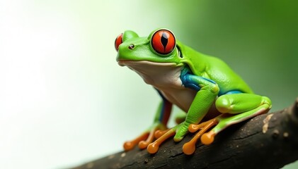 Obraz premium Green tree frog, perched on white, vibrant color , green, amphibian photography, animal