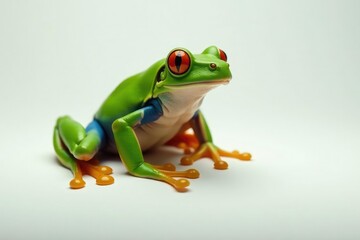 Obraz premium Green tree frog perched on white, vibrant skin, simple, wildlife