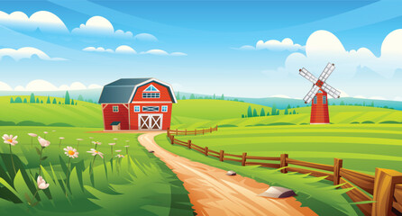 Red barn and windmill along curved dirt path with flowers and wooden fence. Rural farm field landscape. Vector cartoon illustration © YG Studio