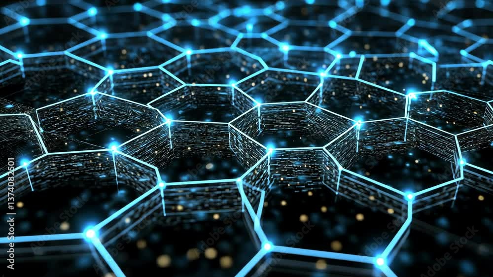 Poster digital hexagonal grid with glowing elements in a futuristic design showcasing advanced technology a