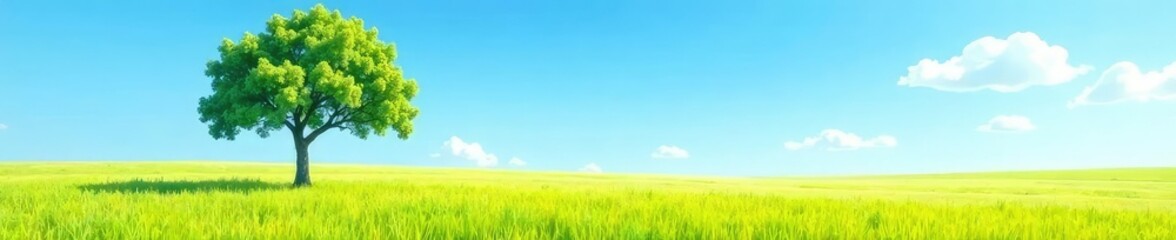 Isolated tree in a vast meadow under clear blue skies, light, sunny