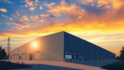 Logistics Warehouse Building at Sunset